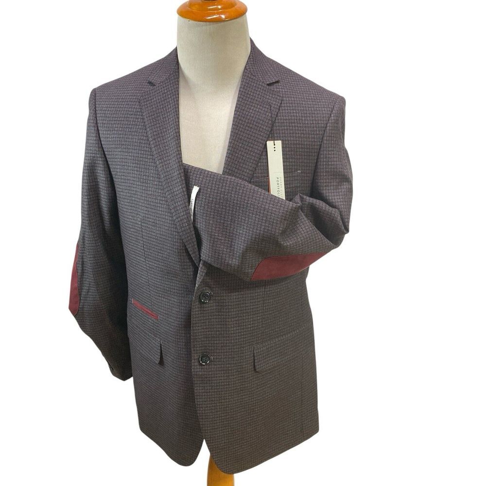 NWT Perry Ellis Portfolio Modern Fit‎ Blazer Grey Wine Plaid Men's 40L Sportcoat